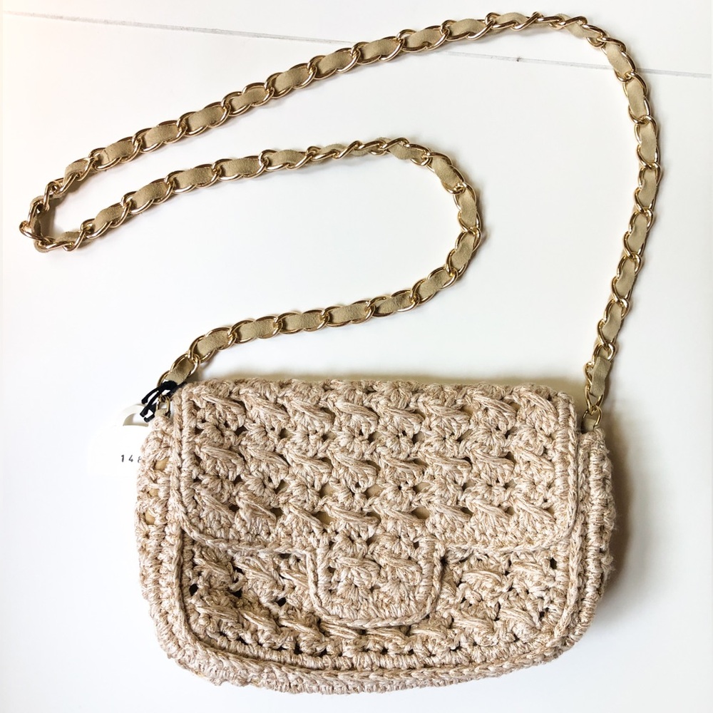 Flap Bag Chain Shoulder Strap Crochet Natural /Gold Suede Caterina Bertini Italy